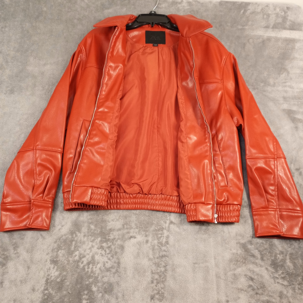 ZARA Womens  Faux Leather Bomber Jacket Moto Biker Large Dark Orange Size XL